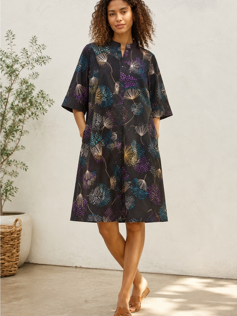 Zuri Black Hand Printed Dandelion Floral Print Cotton Kitenge Tunic Dress XL